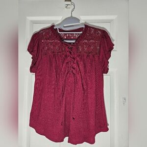 No Boundaries Maroon Lace-Up Blouse
